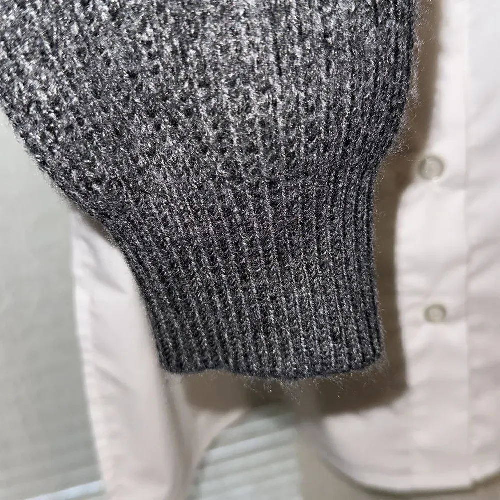 Halston M Charcoal Gray White Cotton Shirt Combo Knit Mock Neck Sweater